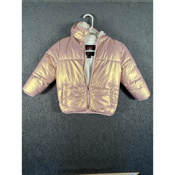 SWISS TECH Size 4T Hooded Puffer Jacket Roll Mitten Cuff Rose Gold Metallic - Picture 1 of 7